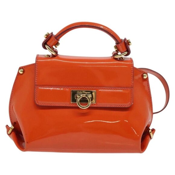 Salvatore Ferragamo Gancini Hand Bag Enamel 2way Orange Gold Auth - Picture 2 of 16